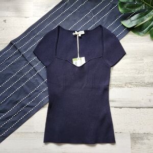 Lilysilk Sweetheart Neck Ribbed Knit Top Navy Blue Silk NWT Size Small